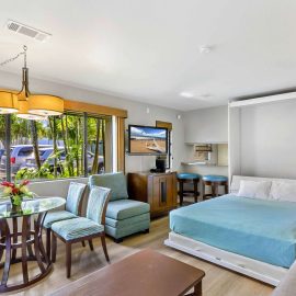 Studio interior at Gardens at West Maui with dining table, Murphy bed, and large window.